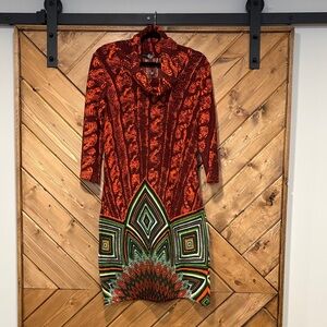 Elegant Multicolor Patterned Cowl Neck Dress Smashed Lemon Large